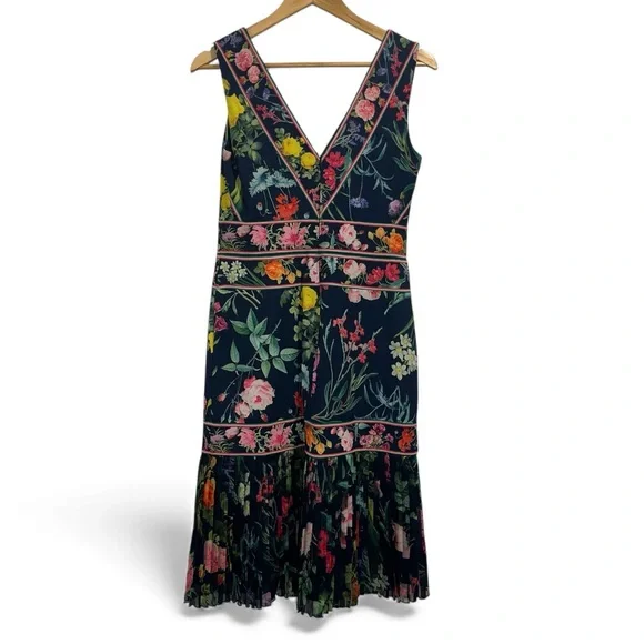 TADASHI SHOJI Olga Navy Floral Midi Dress V-Neck Sleeveless Size 6 flower EUC
